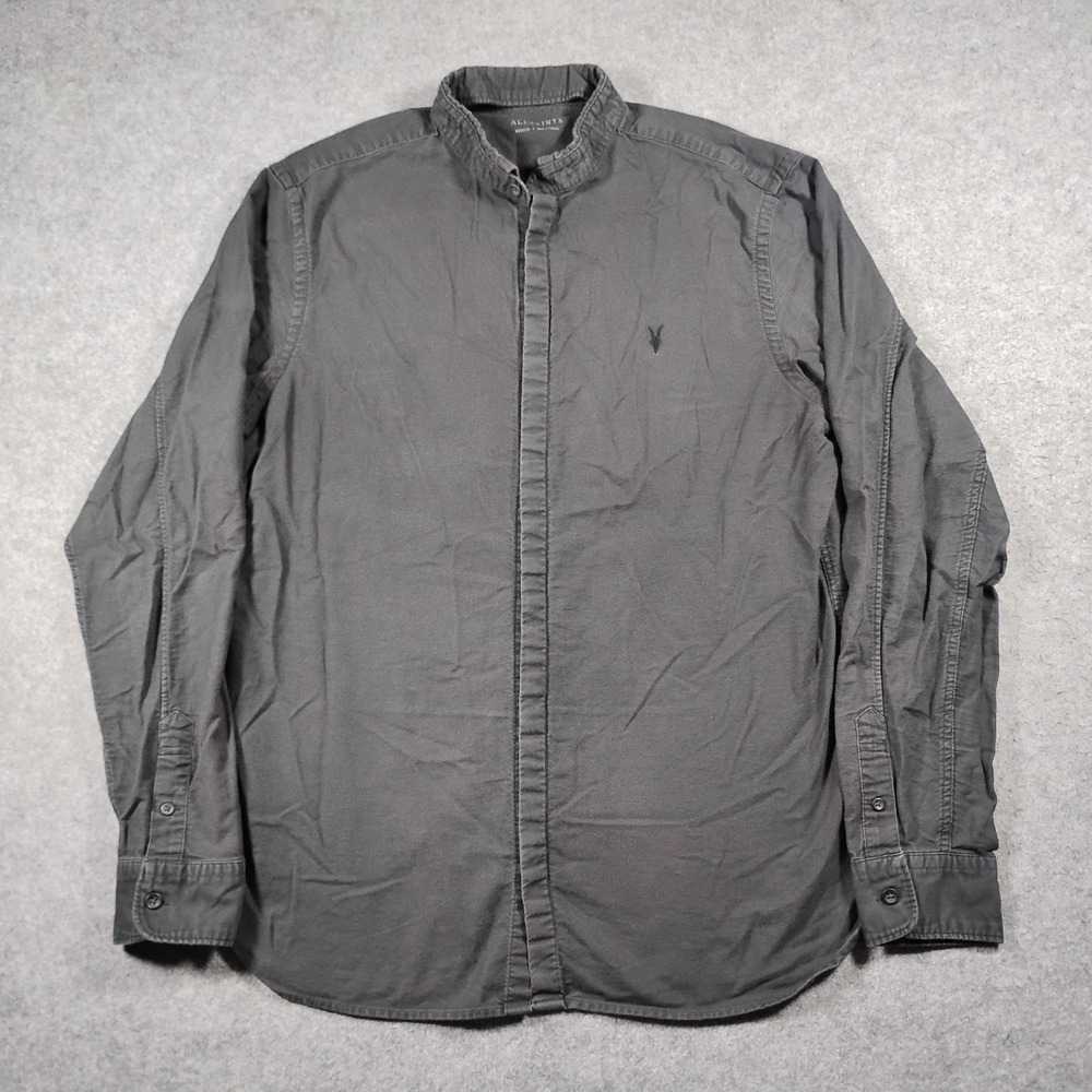 AllSaints Augusta LS Shirt Men's Medium Charcoal Grey Band Collar Button Up